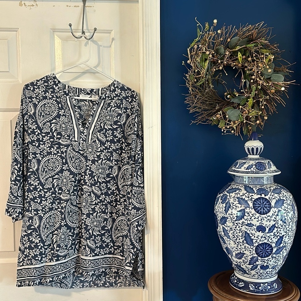 NWOT Sigrid Olsen 100% Linen V Neck Paisley Print 3/4 Sleeve Navy/White Top Sz L